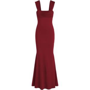CIDER Solid Ruched U-Neckline Ruffle Maxi Dress(Red)