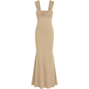 CIDER Solid Ruched U-Neckline Ruffle Maxi Dress(Tan)