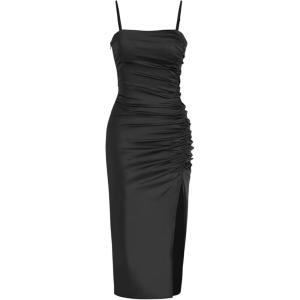 CIDER Solid Satin Ruched Split Midi Cami Dress(Black)