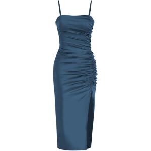 CIDER Solid Satin Ruched Split Midi Cami Dress(Blue)