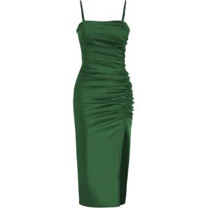 CIDER Solid Satin Ruched Split Midi Cami Dress(Emerald Green)