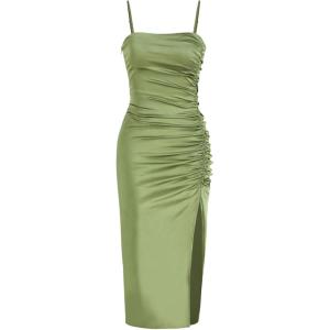 CIDER Solid Satin Ruched Split Midi Cami Dress(Green)