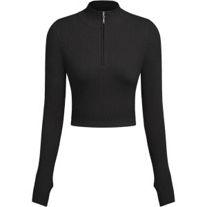 CIDER Solid Zipper Up Knitted Crop Top(Black)