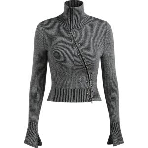 CIDER Stand Collar Rivet Zipper Cardigan(Grey)