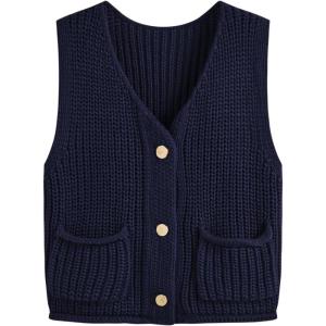 CIDER Sweater Vest Women V Neck Sleeveless Button Down Cropped Sweater Knit Solid Casual Vest with Pockets(Dark Navy)
