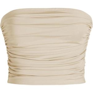 CIDER Tube Top for Women Strapless Ruched Sexy Going Out Basic Bandeau Crop Tops Summer Outfits(Beige)