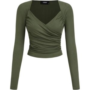 CIDER V-Neck Solid Long Sleeve Top(Green)