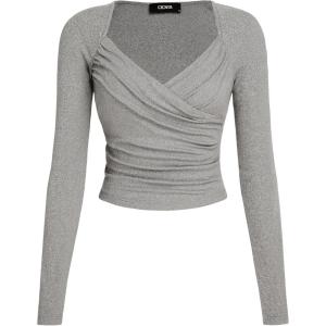 CIDER V-Neck Solid Long Sleeve Top(Grey)