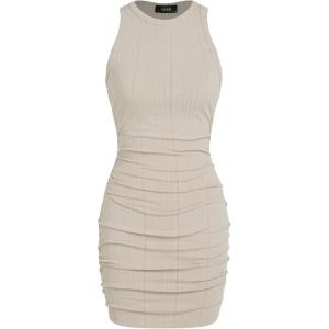 CIDER Women Mini Dresses Bodycon Crew Neck Sleeveless Ruched Summer Short Tank Dresses Going Out Casual Oufits(Beige)