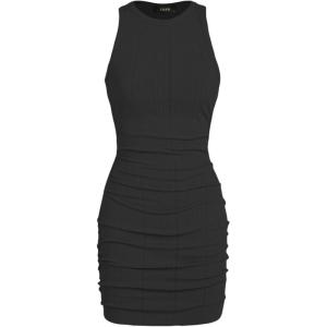 CIDER Women Mini Dresses Bodycon Crew Neck Sleeveless Ruched Summer Short Tank Dresses Going Out Casual Oufits(Black)