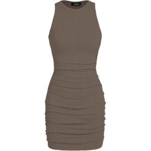 CIDER Women Mini Dresses Bodycon Crew Neck Sleeveless Ruched Summer Short Tank Dresses Going Out Casual Oufits(Coffee)