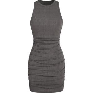 CIDER Women Mini Dresses Bodycon Crew Neck Sleeveless Ruched Summer Short Tank Dresses Going Out Casual Oufits(Grey)