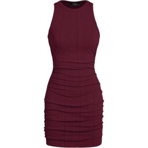 CIDER Women Mini Dresses Bodycon Crew Neck Sleeveless Ruched Summer Short Tank Dresses Going Out Casual Oufits(Wine)
