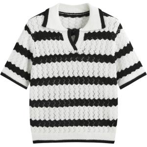 CIDER Women T Shirts Collared Short Sleeve Hollow Out Striped Knitted Tops Casual Summer Outfits(White)