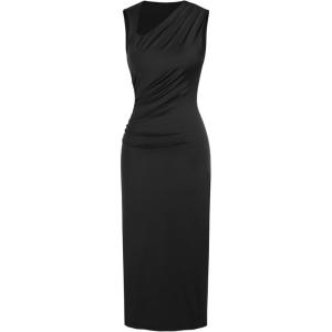 CIDER Women’s Cocktail Dress Asymmetrical Neck Ruched Formal Dresses Bodycon Long Maxi Wedding Guest Dresses for Summer(Black)