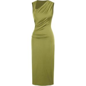 CIDER Women’s Cocktail Dress Asymmetrical Neck Ruched Formal Dresses Bodycon Long Maxi Wedding Guest Dresses for Summer(Olive Green)