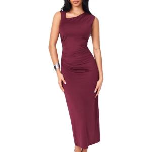 CIDER Women’s Cocktail Dress Asymmetrical Neck Ruched Formal Dresses Bodycon Long Maxi Wedding Guest Dresses for Summer(Red)