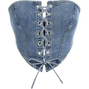 CIDER Women’s Denim Lace Up Corset Crop Tube Top(Denim)