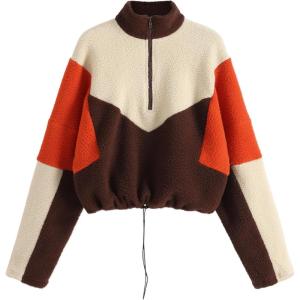 CIDER Women’s Fleece Patchy Stand Collar Drawstring Sweatshirt(Coffee)