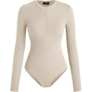 CIDER Women’s Jersey V-neck Zipper Bodysuit(Beige)
