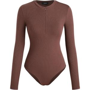 CIDER Women’s Jersey V-neck Zipper Bodysuit(Brown)