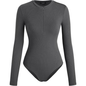 CIDER Women’s Jersey V-neck Zipper Bodysuit(Grey)