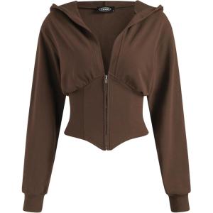CIDER Women’s Solid Hooded Corset Hoodie(Brown)