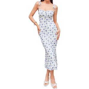 CIDER Women’s Summer Floral Maxi Dress Spaghetti Strap Sleeveless Bodycon Ruched Mesh Dresses 2025 Trendy(Blue)