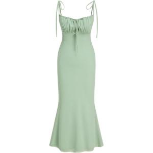 CIDER Women’s Summer Floral Maxi Dress Spaghetti Strap Sleeveless Bodycon Ruched Mesh Dresses 2025 Trendy(Pale Green)