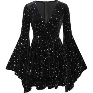 CIDER Women’s Velvet V-neck Star & Moon Pattern Bell Sleeve Romper(Black)