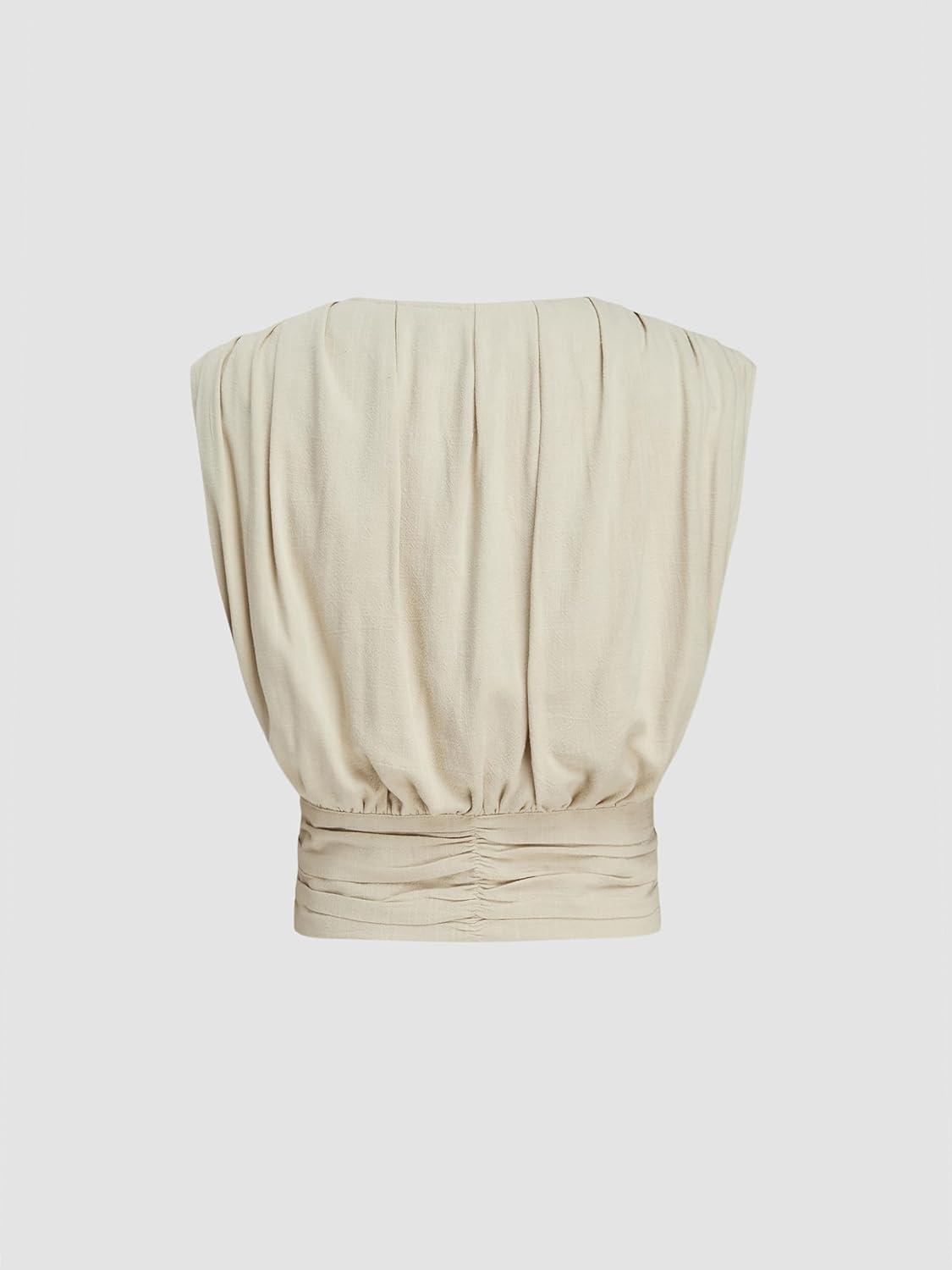 imageCIDER French Riviera Vacation VNeck Ruched Button Corset Solid Tank TopBeige