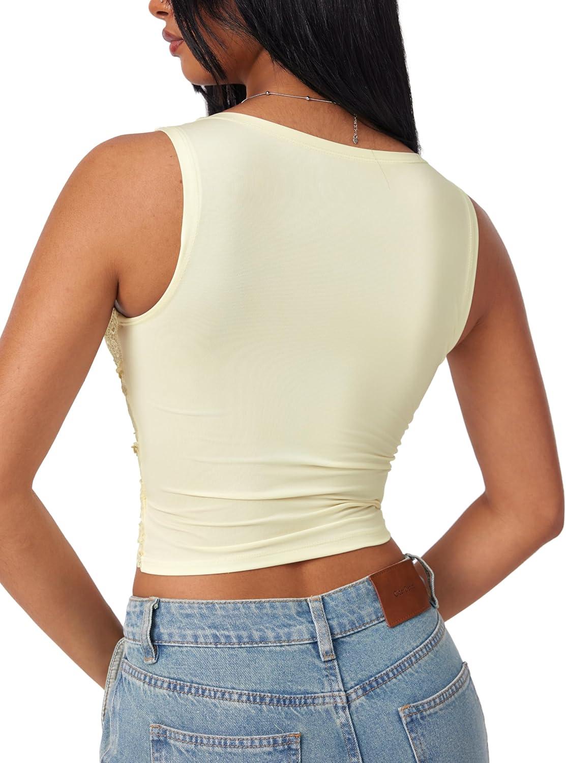 imageCIDER Lace Crop Tank Tops for Women Summer V Neck Sleeveless Going Out Tops Ruched Sexy Tee Trendy T Shirts CasualIvory