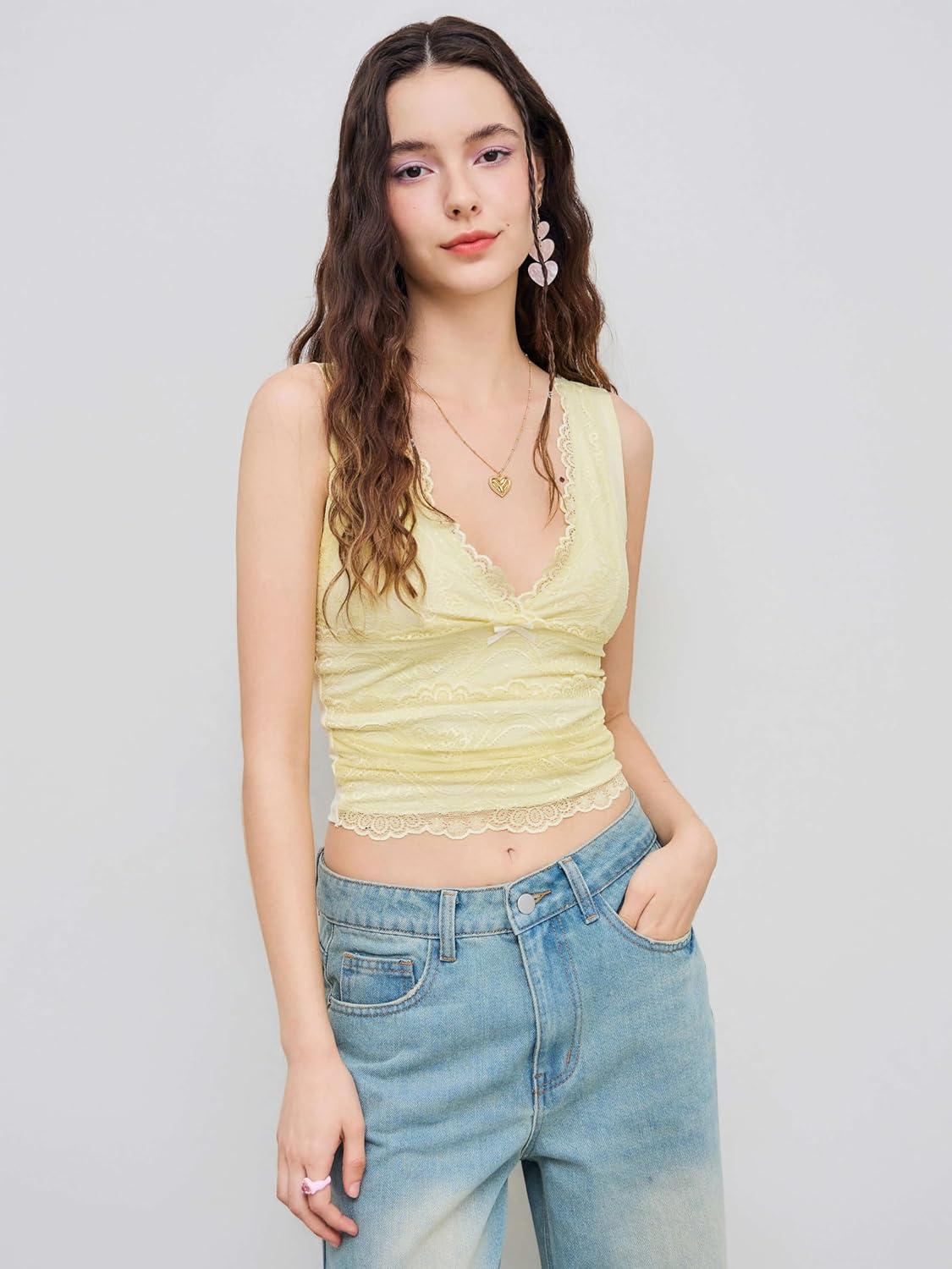 imageCIDER Lace Crop Tank Tops for Women Summer V Neck Sleeveless Going Out Tops Ruched Sexy Tee Trendy T Shirts CasualIvory