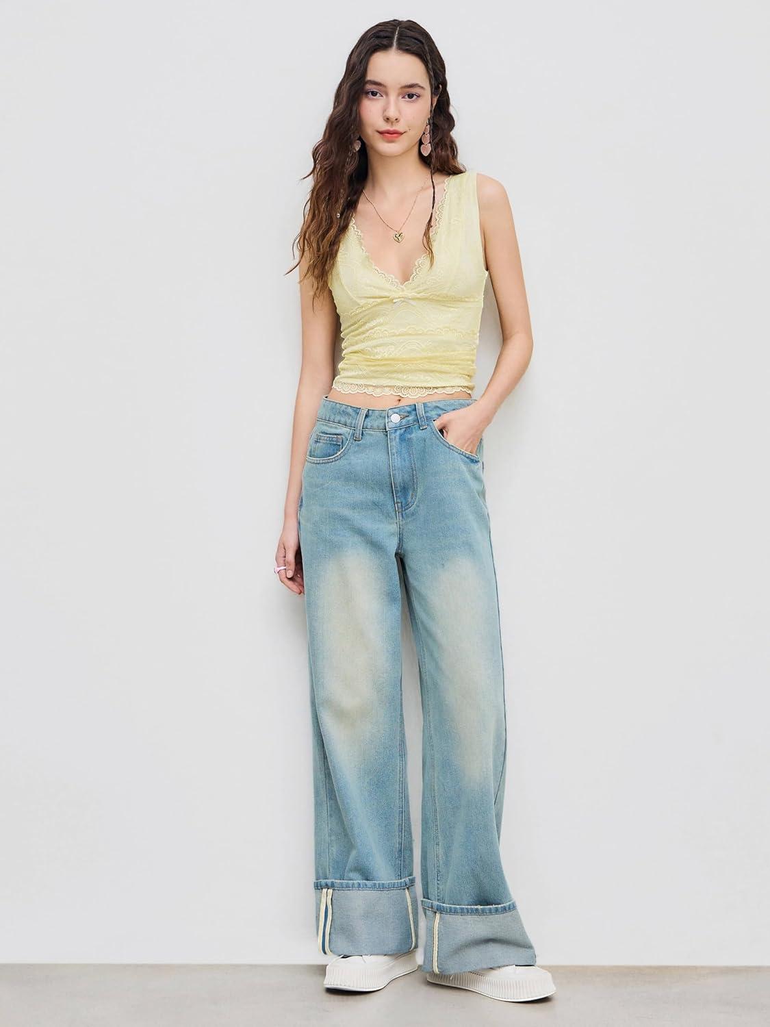 imageCIDER Lace Crop Tank Tops for Women Summer V Neck Sleeveless Going Out Tops Ruched Sexy Tee Trendy T Shirts CasualIvory