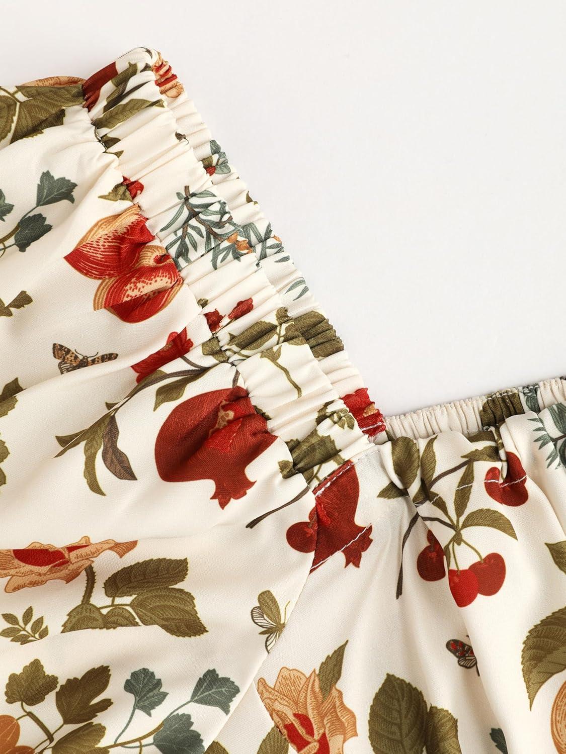 imageCIDER Plus Size Midi Dress Summer Fruit Patterned Square Neck Puff Sleeve Boho Vacation Casual Midi Dress for Curvy WomenIvory