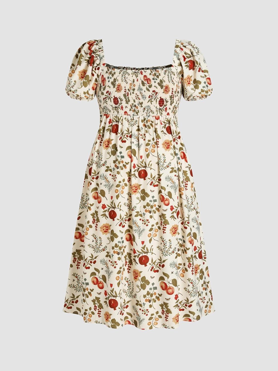 imageCIDER Plus Size Midi Dress Summer Fruit Patterned Square Neck Puff Sleeve Boho Vacation Casual Midi Dress for Curvy WomenIvory