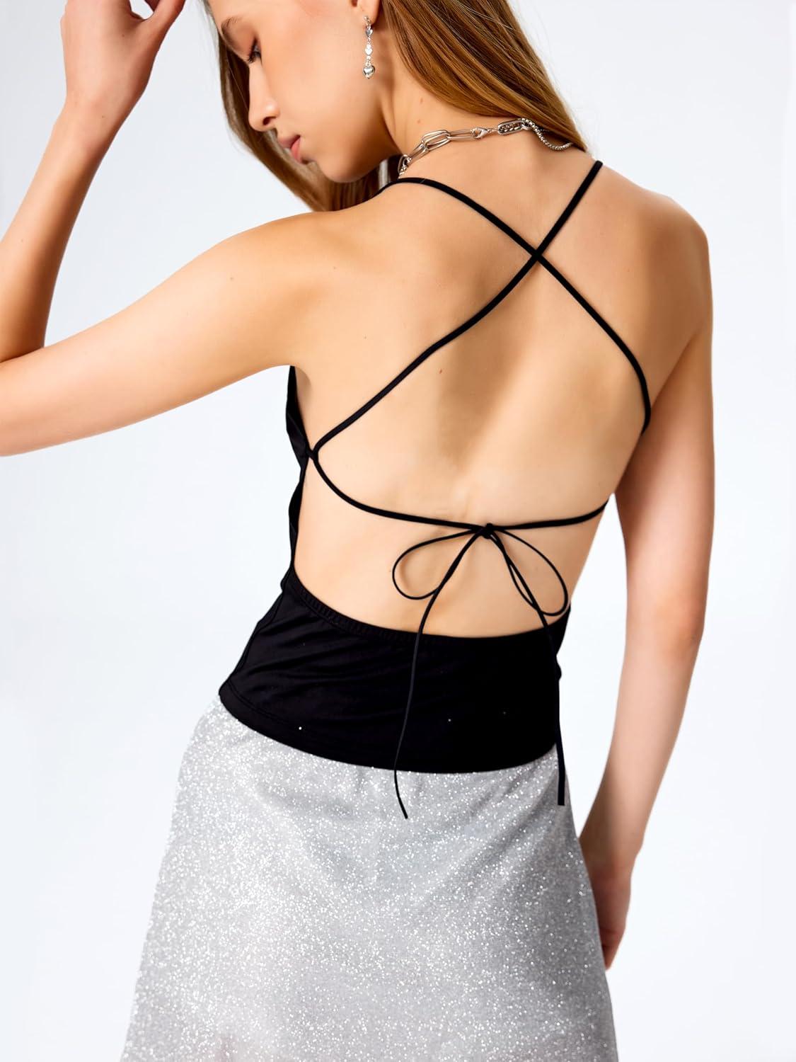 imageCIDER Tie Back Criss Cross Crop Tank TopBlack