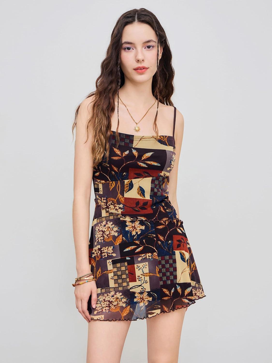 imageCIDER Women Western Mini Dress Floral Spaghetti Strap Cami Short Vintage Short Sundress Summer Boho DressesBrown