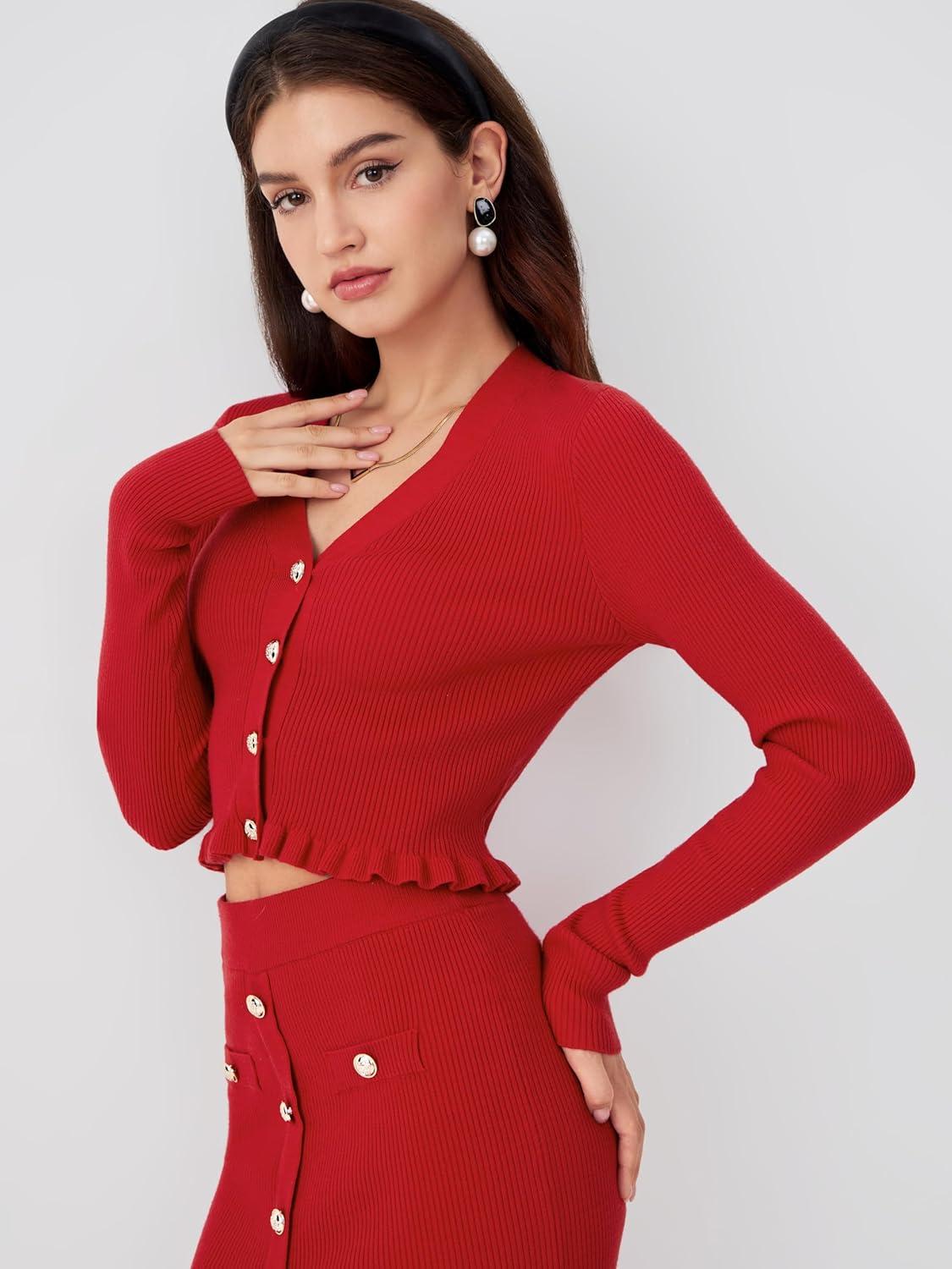 imageCIDER Womens VNeck Solid Button Knitted Crop TopRed