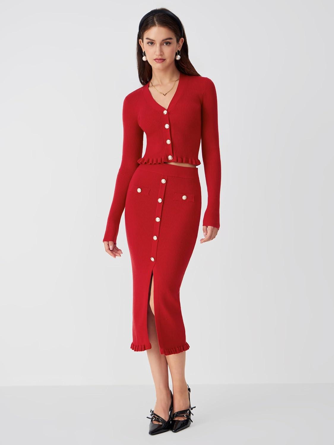 imageCIDER Womens VNeck Solid Button Knitted Crop TopRed