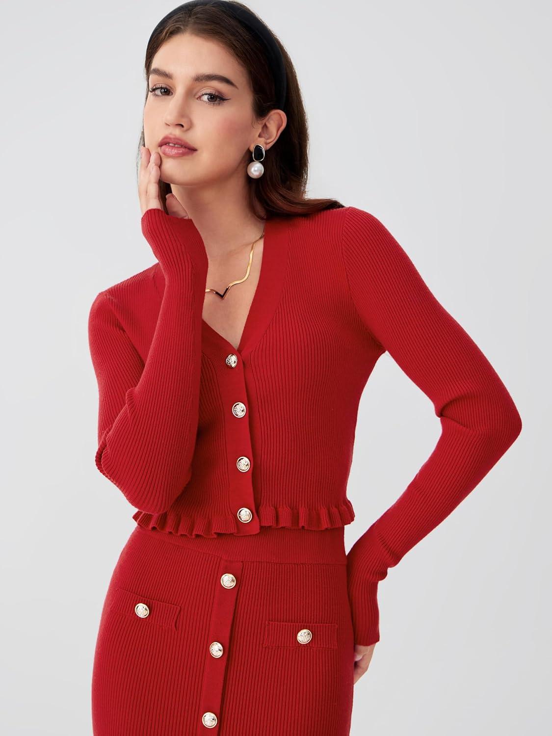 imageCIDER Womens VNeck Solid Button Knitted Crop TopRed