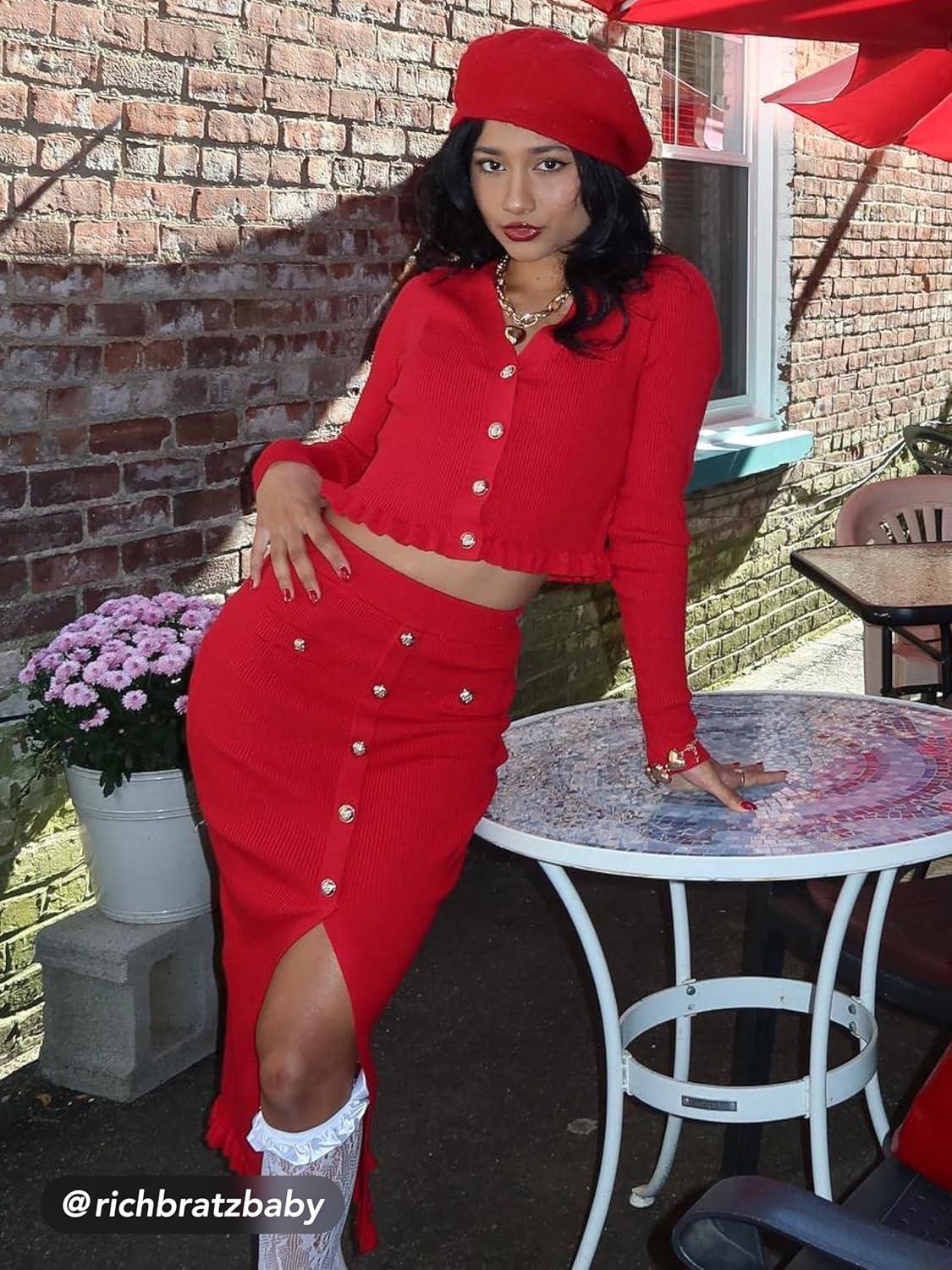 imageCIDER Womens VNeck Solid Button Knitted Crop TopRed