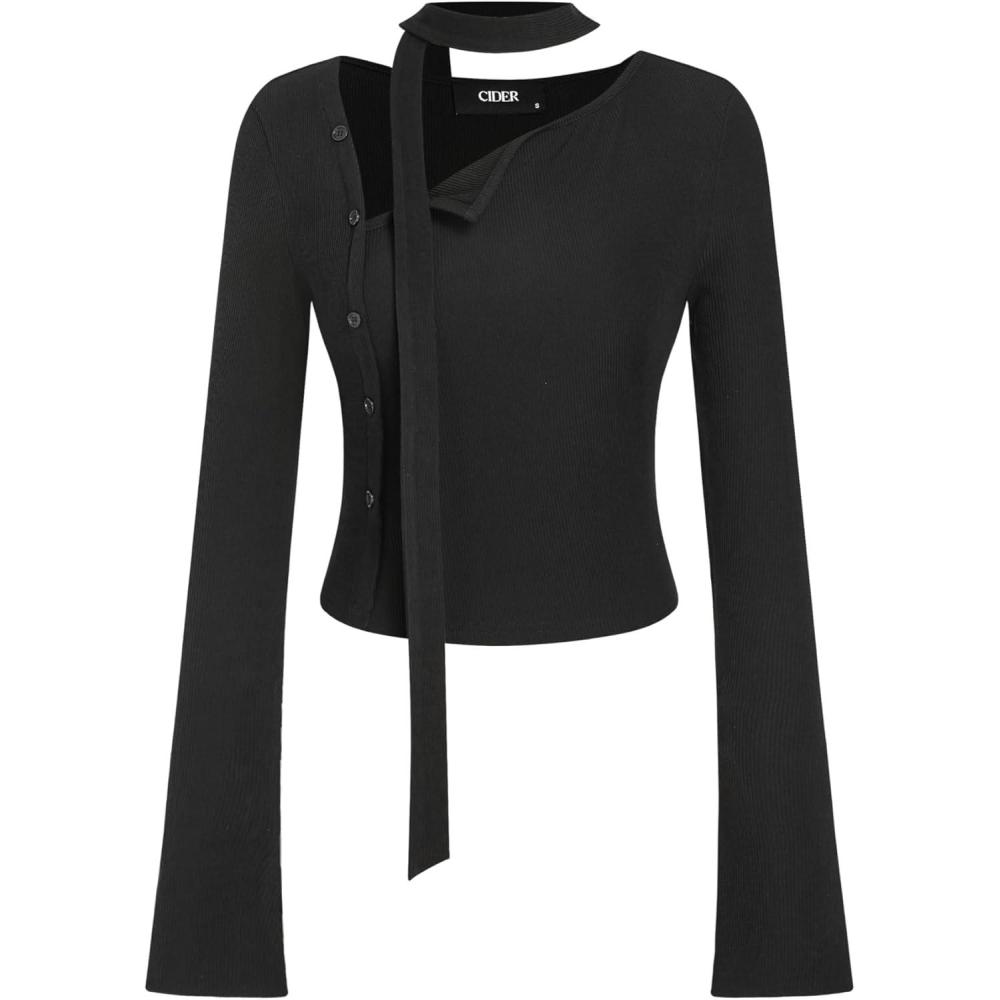 imageCIDER Asymmetrical Neck Long Sleeve Crop Tops for Women Crew Neck Dressy Top with ScarfBlack