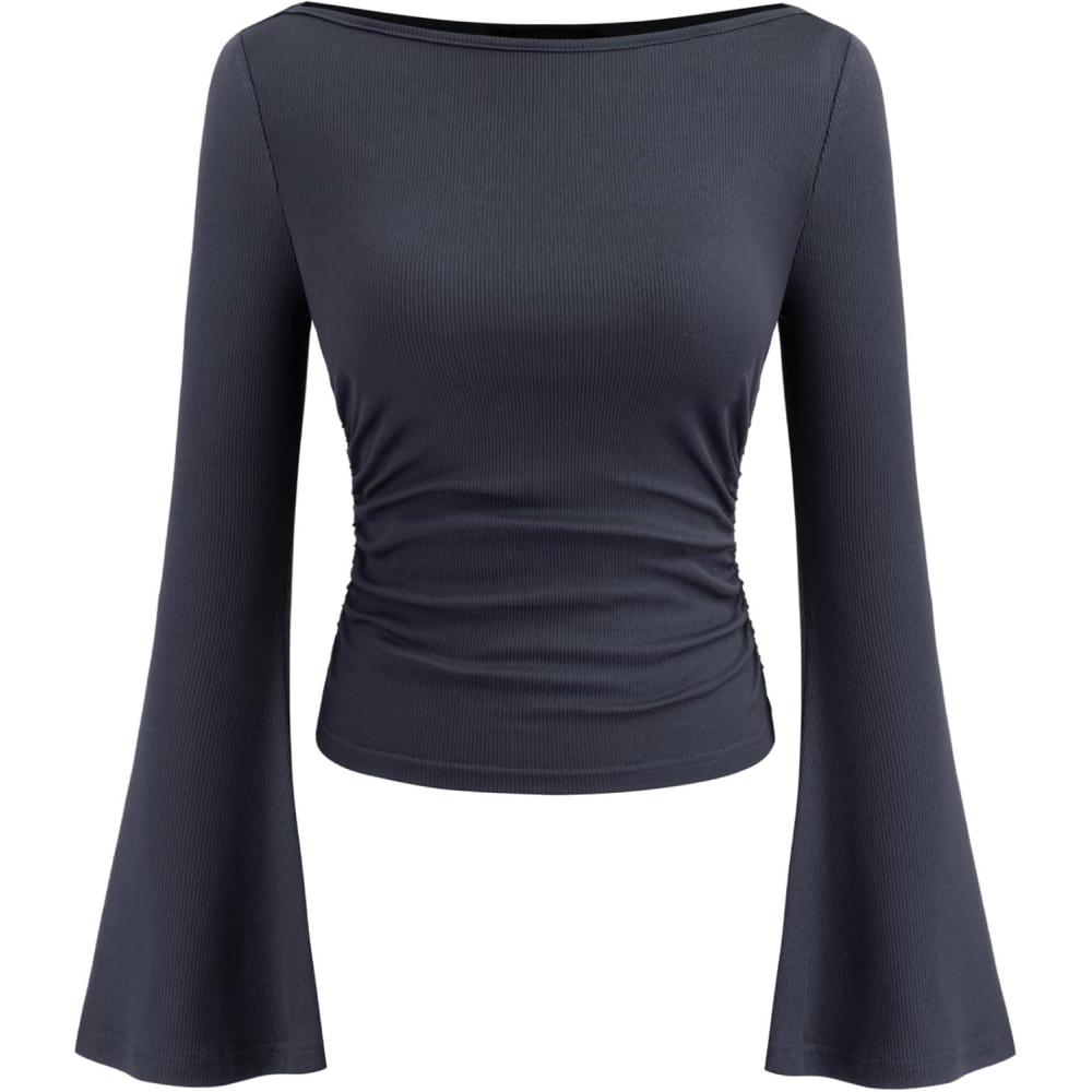 imageCIDER Boat Neck Solid Ruched Long Sleeve TeeGrey