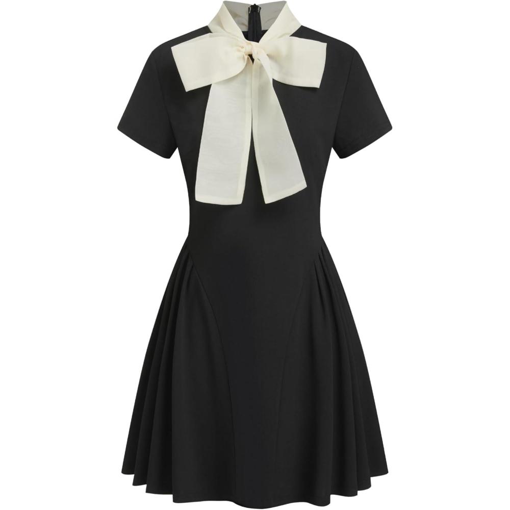 imageCIDER Bow Tie Neck A Line Mini Short Sleeve Dress Party DressesBlack