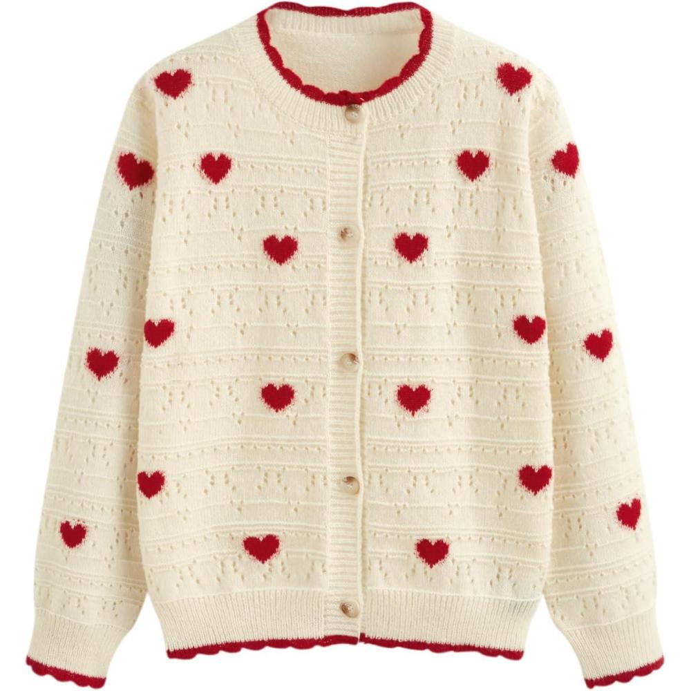 imageCIDER Cardigan Sweaters for Women Trendy Cute Sweaters Long Sleeve Crew Neck Heart Print Cardigans Spring Fall OutfitsIvory