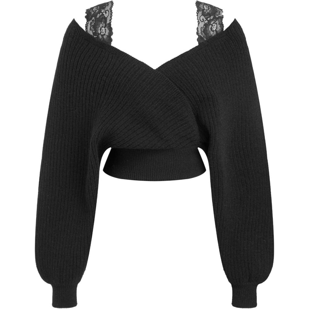 imageCIDER Cropped Sweaters for Women VNeck Lace Knitted Long Sleeve Women Sweaters Pullover TrendyBlack