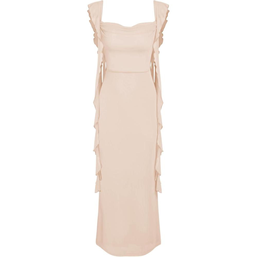 imageCIDER Formal Dresses for Women Wedding Guest Dresses Summer Maxi Dress Sleeveless Mesh Ruffle Cocktail Bodycon Dress 2025Beige