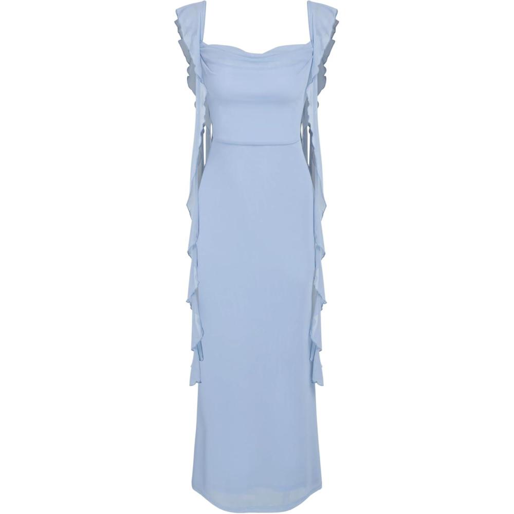 imageCIDER Formal Dresses for Women Wedding Guest Dresses Summer Maxi Dress Sleeveless Mesh Ruffle Cocktail Bodycon Dress 2025Blue