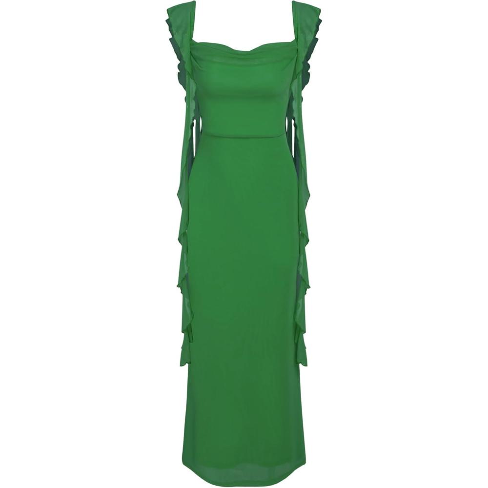 imageCIDER Formal Dresses for Women Wedding Guest Dresses Summer Maxi Dress Sleeveless Mesh Ruffle Cocktail Bodycon Dress 2025Dark Green